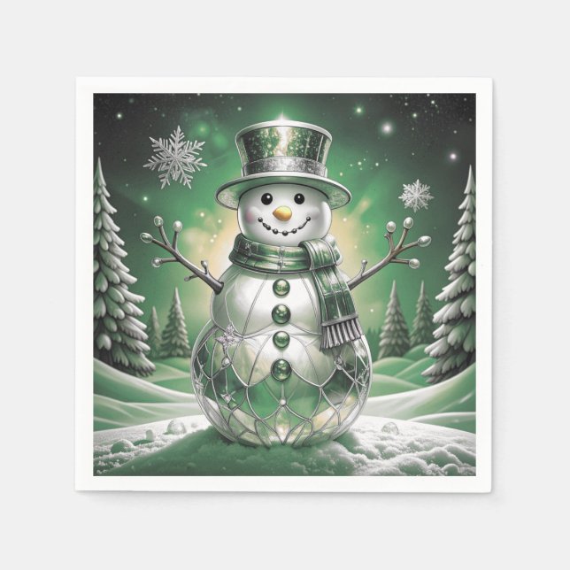 Green Snowman Snowflakes Holiday Napkin (Front)