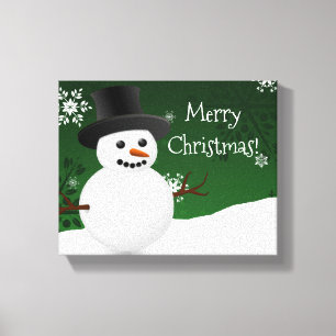 Green Snowman Winter Scene Christmas Canvas Print