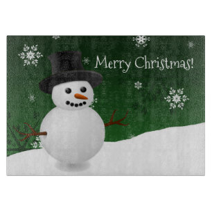 Green Snowman Winter Scene Christmas Cutting Board