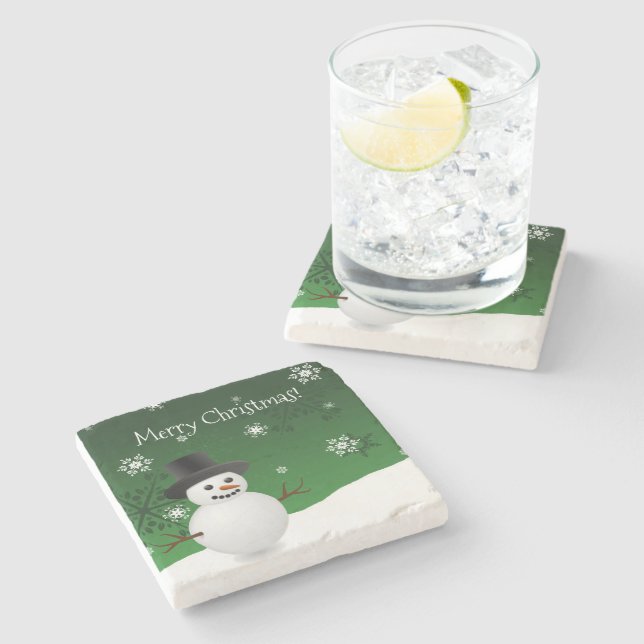 Green Snowman Winter Scene Christmas Stone Coaster (Side)