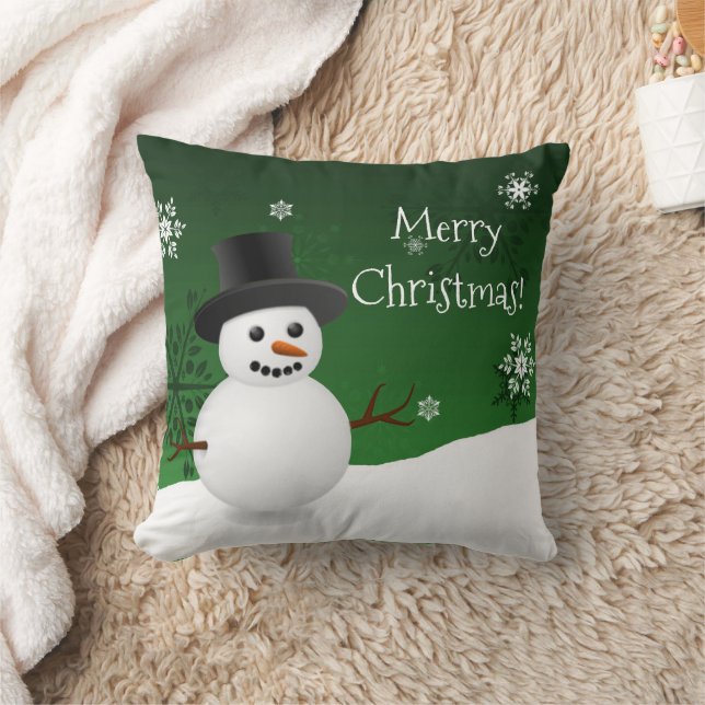 Green Snowman Winter Scene Christmas Throw Pillow (Blanket)