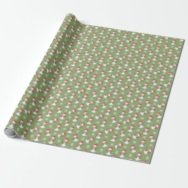 Green snowmen wrapping paper wearing Santa hats! (Unrolled)