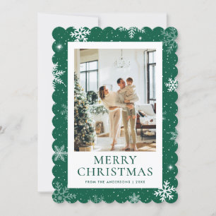Green Snowy Merry Christmas Snowflake Photo Holiday Card