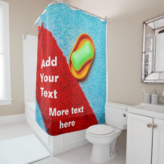 Green Soap Red Scrubber Blue Towel customisable Shower Curtain (In Situ)