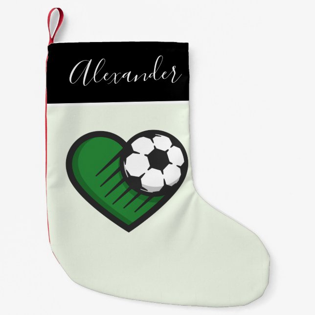 Green Soccer Ball Heart & Boys Name Player Coach Small Christmas Stocking (Front)