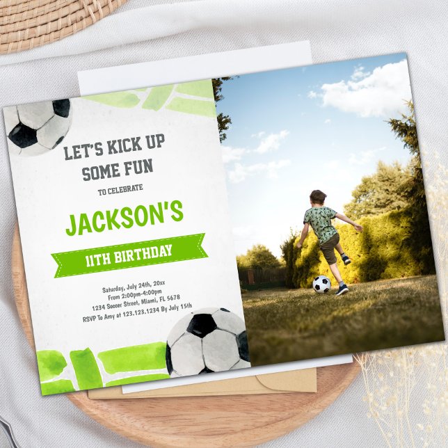Green Soccer Birthday Invitation with Photo (Green Soccer Birthday Invitations with photo)