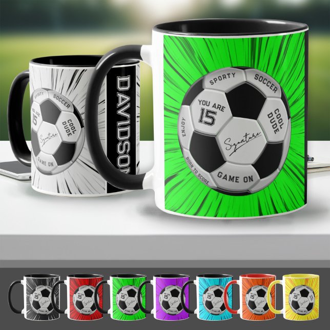 Green Soccer Custom Text Ball Birthday Age Name Mug (Creator Uploaded)