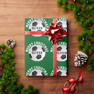 Green Soccer Football Balls Kids Name Christmas Wrapping Paper