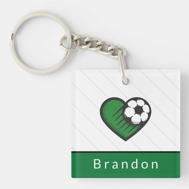 Green Soccer Love Kids Players Name & Ball Striped Key Ring (Front)