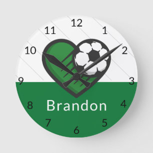 Green Soccer Love Kids Players Name & Ball Striped Round Clock