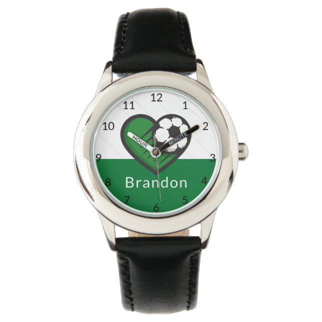 Green Soccer Love Kids Players Name & Ball Striped Watch (Front)