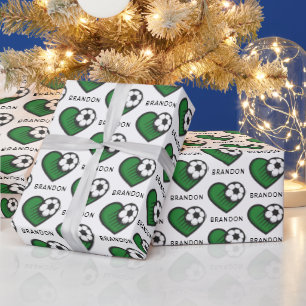 Green Soccer Love Kids Players Name & Ball Striped Wrapping Paper