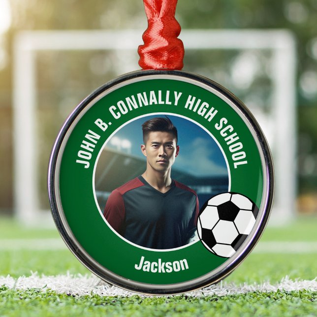 Green Soccer Player Photo High School Christmas Metal Tree Decoration (Creator Uploaded)