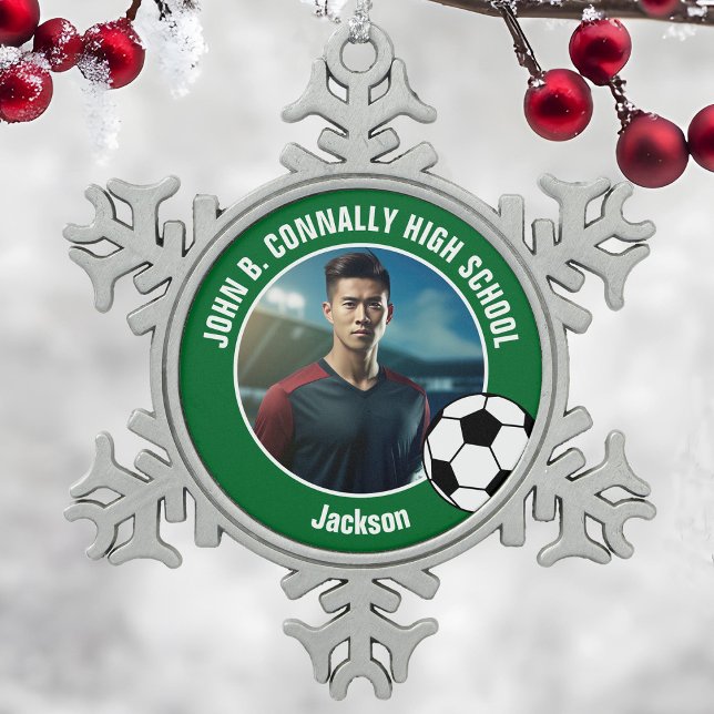 Green Soccer Player Photo High School Spirit Snowflake Pewter Christmas Ornament (Creator Uploaded)
