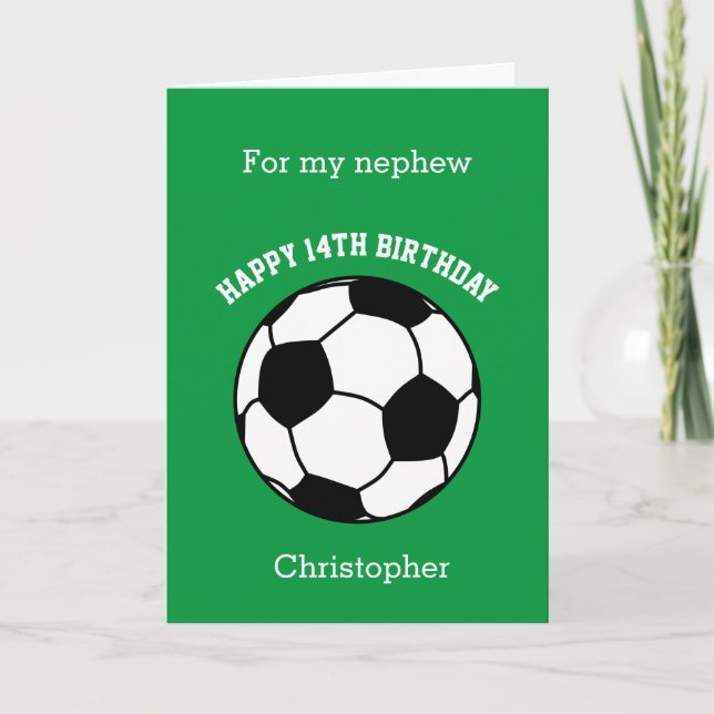 Green Soccer Sport 14th Birthday Card (Front)