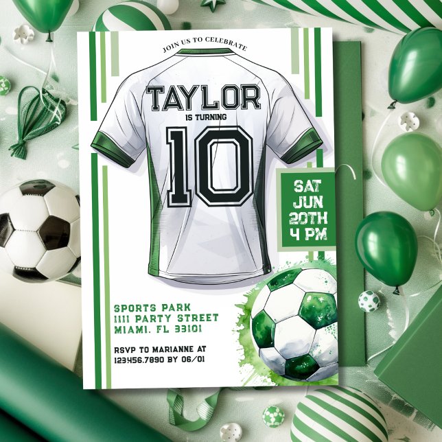 Green Soccer Sports Boy Jersey Kids Birthday Party Invitation (Creator Uploaded)