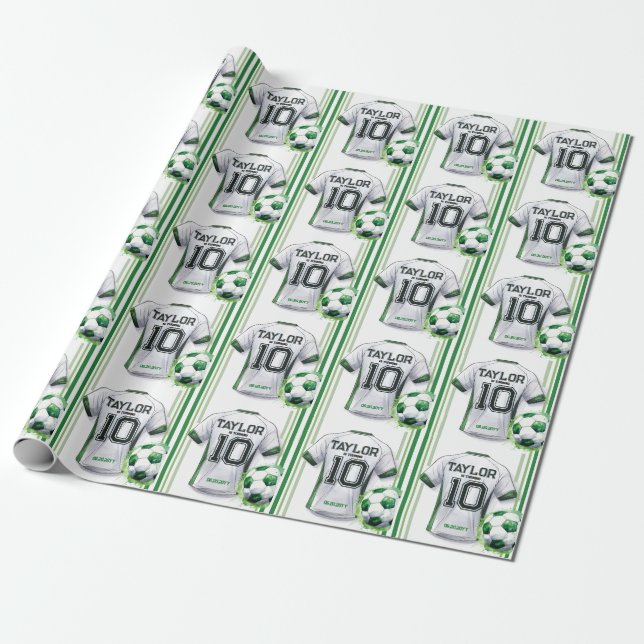 Green Soccer Sports Boy Jersey Kids Birthday Party Wrapping Paper (Unrolled)