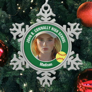 Green Softball Player Photo High School Keepsake Snowflake Pewter Christmas Ornament