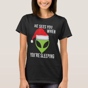 Green Space Alien Head Christmas Santa Hat UFO Mar T-Shirt