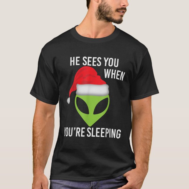 Green Space Alien Head Christmas Santa Hat UFO Mar T-Shirt (Front)