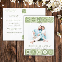 GREEN SPANISH TILES SAVE THE DATE POSTCARD