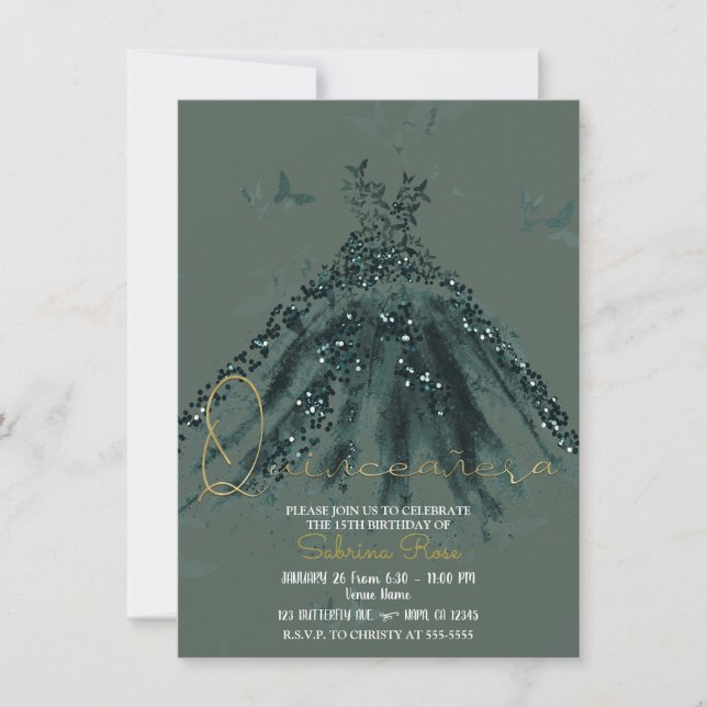Green Sparkle Butterfly Dance Dress Quinceañera Invitation (Front)