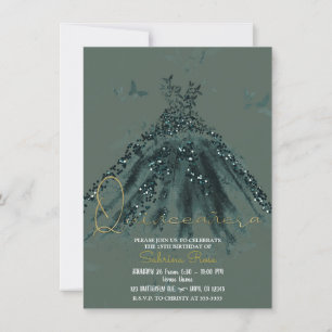 Green Sparkle Butterfly Dance Dress Quinceañera Invitation
