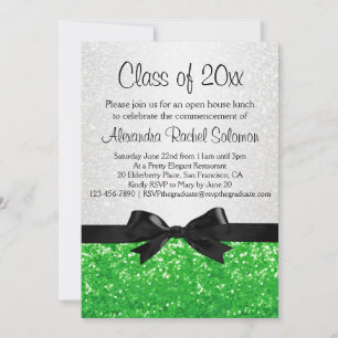 Green Sparkle-look Bow Graduation Invitation