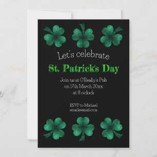 Green Sparkle Shamrock black St Patrick Day Invitation