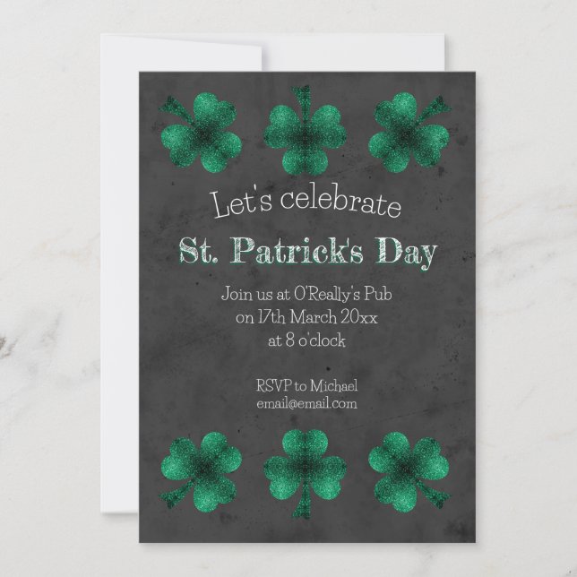 Green Sparkle Shamrock Grey St Patrick Day Invitation (Front)