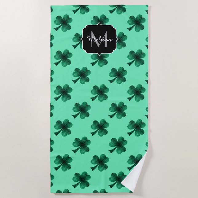 Green Sparkles Shamrock St. Patrick' Day Monogram Beach Towel (Front)