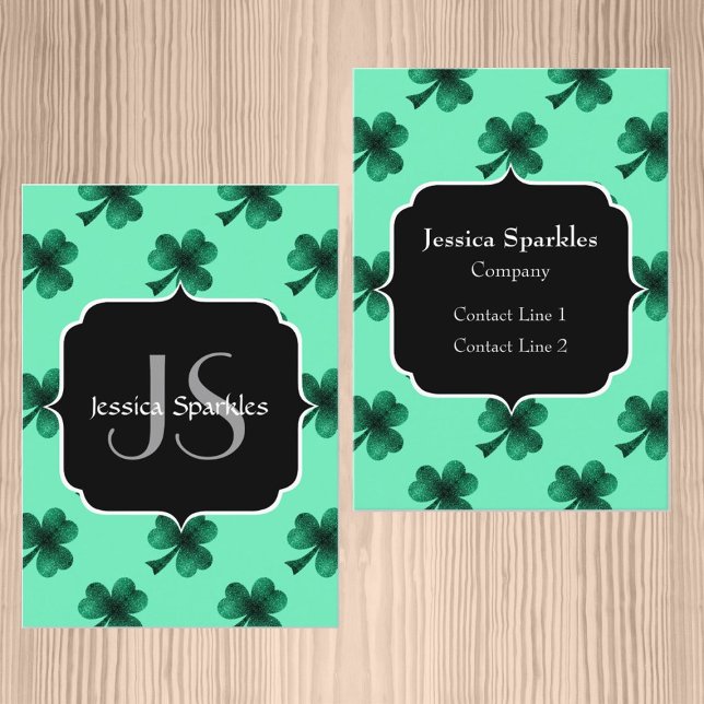 Green Sparkles Shamrock St. Patrick' Day Monogram Business Card (Creator Uploaded)