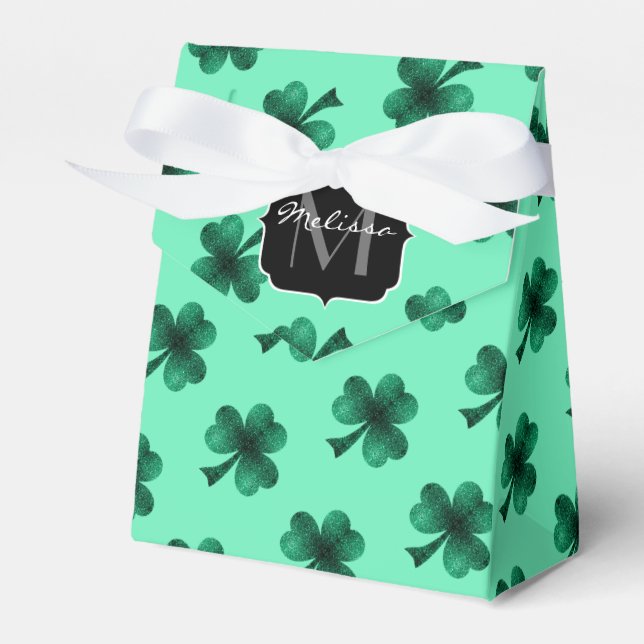 Green Sparkles Shamrock St. Patrick' Day Monogram Favour Box (Front Side)
