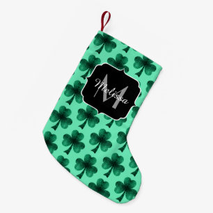 Green Sparkles Shamrock St. Patrick' Day Monogram Small Christmas Stocking
