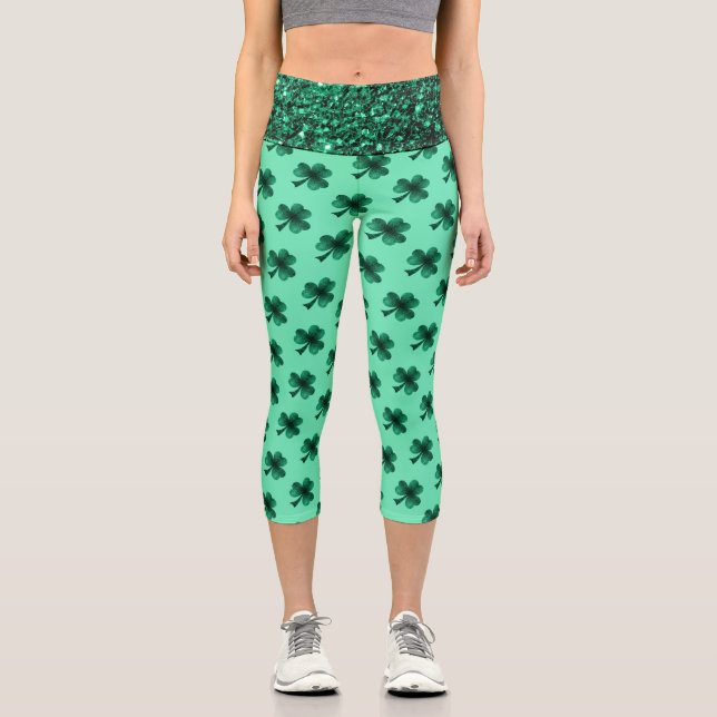 Green Sparkles Shamrock St. Patrick' Day pattern Capri Leggings (Front)