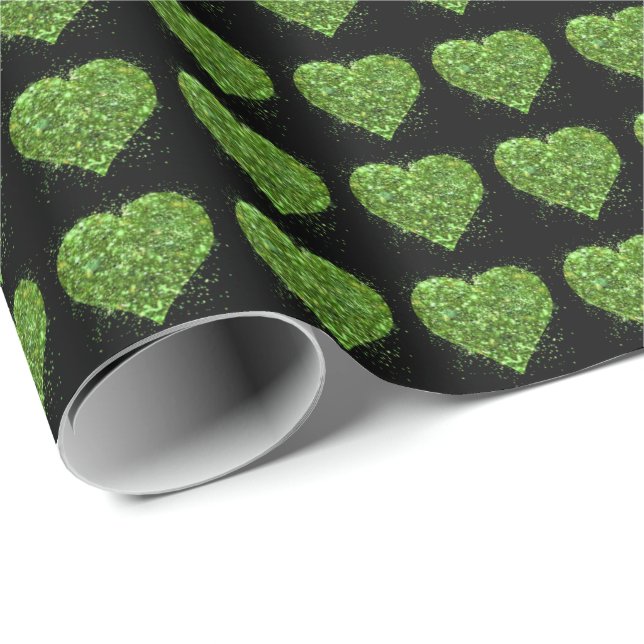 Green sparkling glitter heart pattern wrapping paper (Roll Corner)