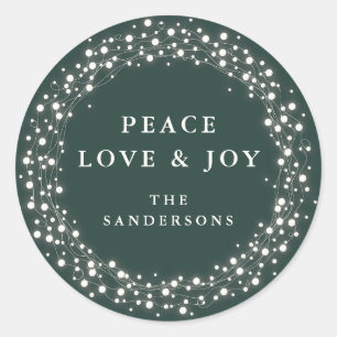 Green Sparkling Lights Peace Love + Joy Christmas Classic Round Sticker