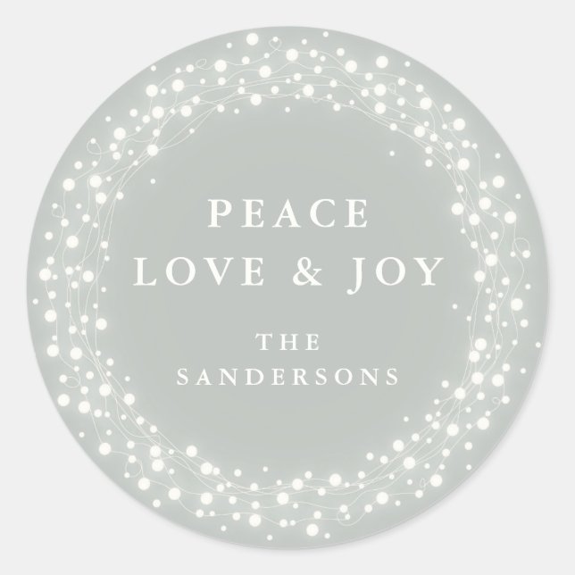 Green Sparkling Lights Peace Love+Joy Christmas Classic Round Sticker (Front)