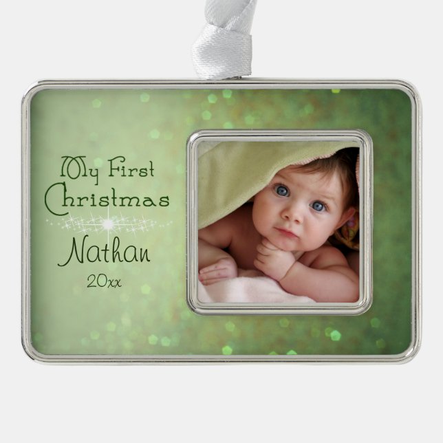Green Sparkly Baby's First Christmas Silver Plated Framed Ornament (Front)