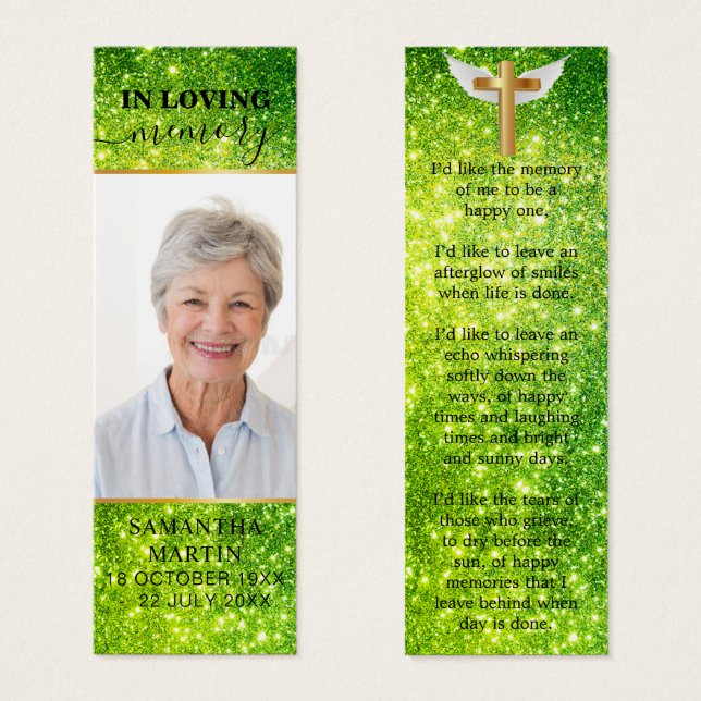 Green Sparkly Elegant Memorial Funeral Bookmark (Front & Back)