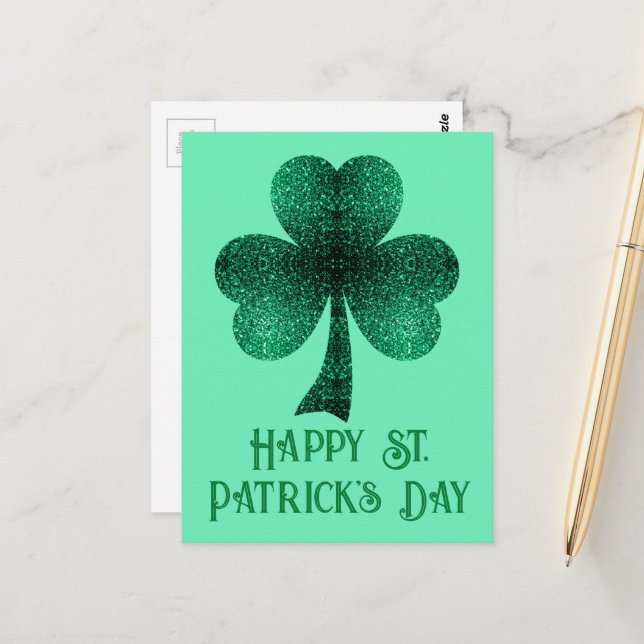 Green Sparkly Shamrock St. Patrick's Day turquoise Postcard (Front/Back In Situ)