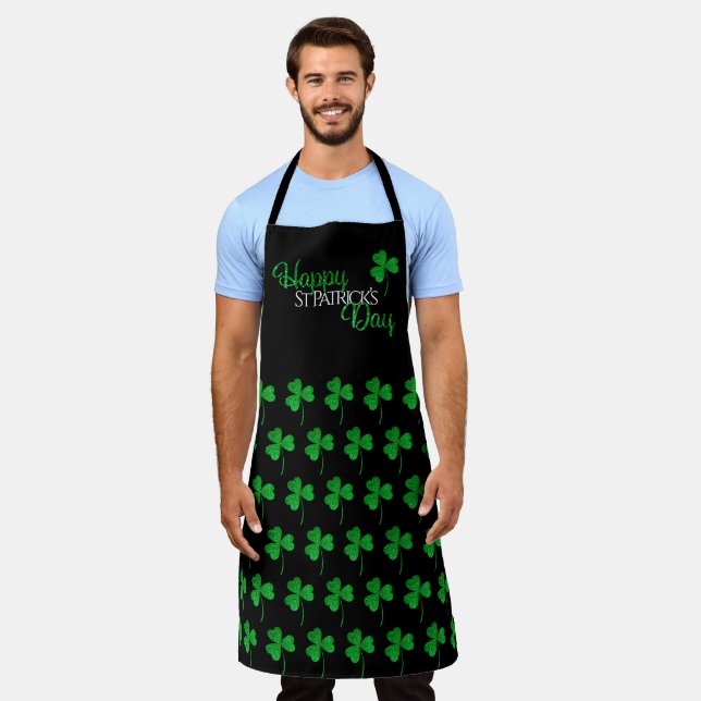 Green Sparkly Shamrocks Happy St Patrick’s Day Apron (Worn)