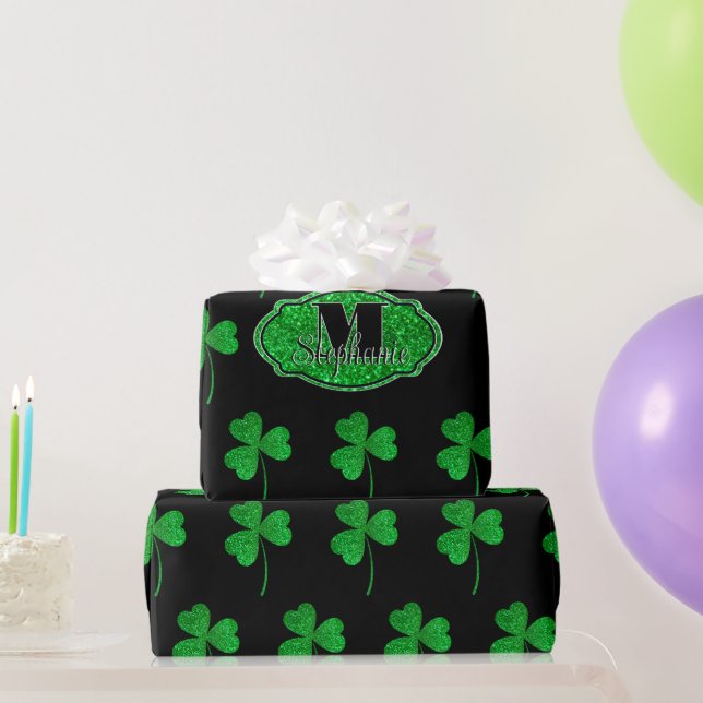 Green Sparkly Shamrocks Monogrammed St Patrick Wrapping Paper (Party Gifts)