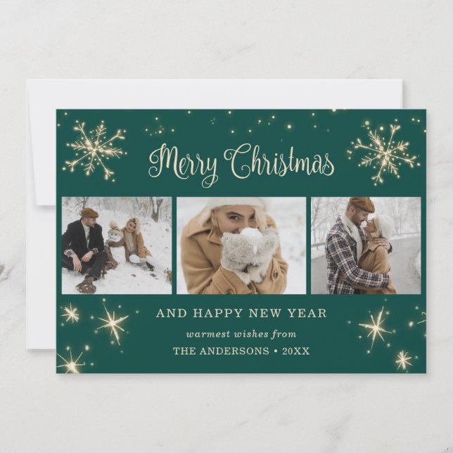 Green Sparkly Snowflake Photo Christmas Cards (Front)