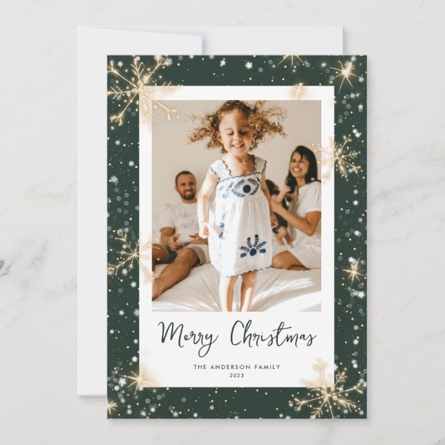 Green Sparkly Snowflake Photo Christmas Cards (Front)