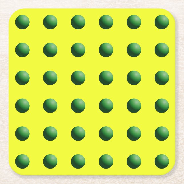 Green Spheres on Yellow Square Paper Coaster (Front)