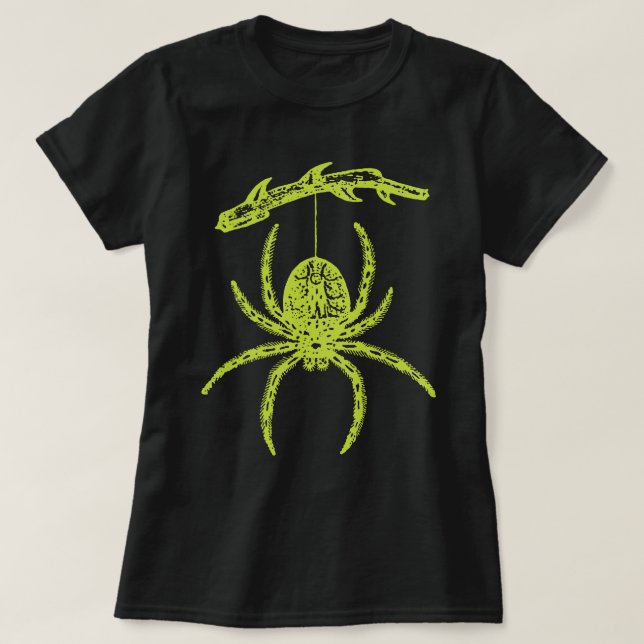 Green Spider Hanging From Branch T-Shirt (Design Front)
