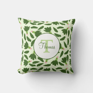 Green Spinach Leaves Pattern Monogram Names Cushion