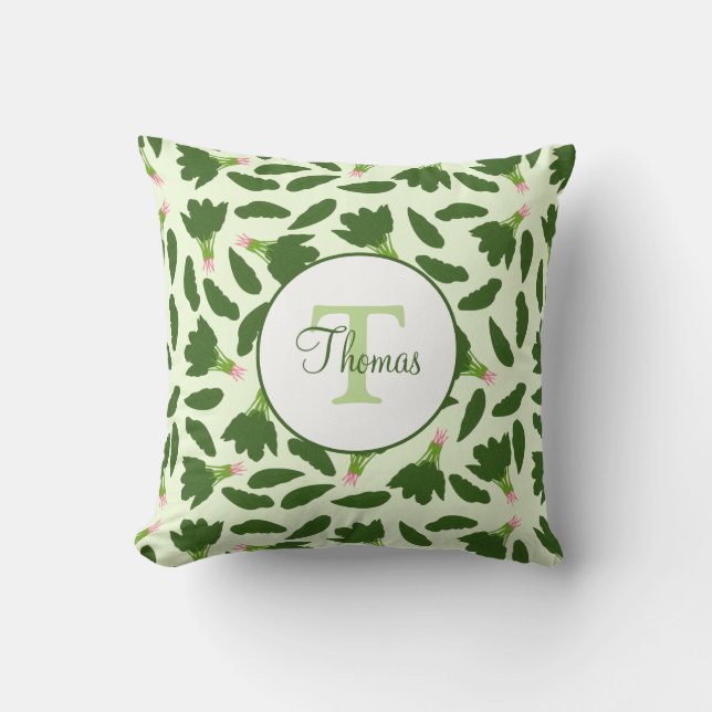 Green Spinach Leaves Pattern Monogram Names Cushion (Front)