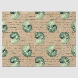 Green Spiral Seashells on Tan Decoupage Tissue Paper